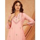 Pink Aari Embroidered Viscose Chanderi Kurta with Pants- Set of 2