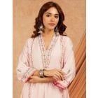 Pink Aari Embroidered Viscose Chanderi Kurta with Pants- Set of 2