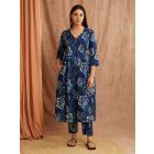Blue Printed Cotton Kurta with Pants - Set of 2