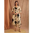 Beige Black Printed Cotton Kurta with Pants - Set of 2