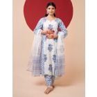 White Blue Printed Cotton Suit- Set of 3