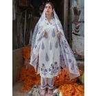 White Lilac Hand Block Printed Cotton Suit- Set of 3
