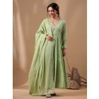 Pista Green Embroidered Cotton Mulmul Suit- Set of 3