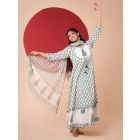White Emerald Green Hand Block Printed Cotton Suit- Set of 3