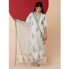 White Emerald Green Hand Block Printed Cotton Suit- Set of 3