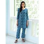 Blue Hand Block Printed Cotton Kurta with Pants- Set of 2