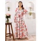 White Peach Hand Block Printed Cotton Dress with Belt
