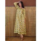 Green Yellow Hand Block Printed Cotton Mulmul Dress