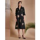 Black Embroidered Cotton Satin Dress with Belt