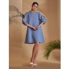 Blue Embroidered Linen Blend Dress