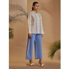Blue Embroidered Linen Blend Pants
