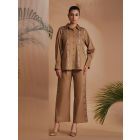 Brown Embroidered Linen Blend Co-ord Set - Set of 2