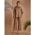 Brown Embroidered Linen Blend Pants