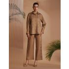 Brown Embroidered Linen Blend Shirt