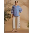 Blue Embroidered Linen Blend Top