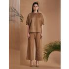Brown Embroidered Cotton Satin Co-ord Set - Set of 2