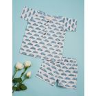 Blue Hand Block Printed Cotton Top with Shorts- Set of 2