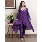 Purple Embroidered Chanderi Kurta with Pants - Set of 2