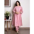 Pink Embroidered Chanderi Kurta with Pants - Set of 2