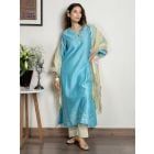 Turquoise Embroidered Chanderi Suit - Set of 3