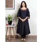 Black Embroidered Chanderi Kurta with Churidaar - Set of 2