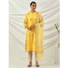 Yellow Hand Block Printed Chanderi Embroidered Kurta