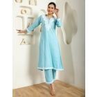 Blue Embroidered Cotton Kurta with Pants - Set of 2