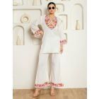 White Embroidered Cotton Blend Kurta with Pants - Set of 2