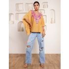 Beige Embroidered Cotton Blend Kaftan