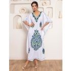 White Embroidered Cotton Blend Kaftan