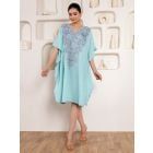 Blue Embroidered Cotton Blend Kaftan