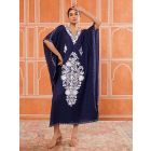 Navy Blue Embroidered Cotton Blend Kaftan