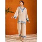 Off White Embroidered Cotton Kurta with Pants - Set of 2