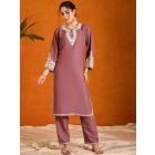 Rose Pink Embroidered Cotton Kurta with Pants - Set of 2