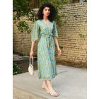 Sea Green Yellow Hand Block Printed Cotton Dress