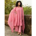 Pink Schiffli Embroidered Cotton Suit - Set of 3