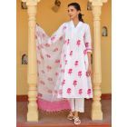 White Pink Hand Block Printed Cotton Suit- Set of 3