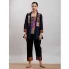 Navy Blue Kantha Embroidered Cotton Silk Top with Black Pants- Set of 2
