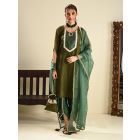 Green Embroidered Crushed Silk Suit- Set of 3