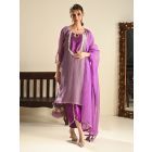 Purple Embroidered Crushed Silk Suit- Set of 3