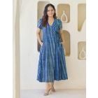 Blue Striped Hand Block Printed Cotton Wrap Dress