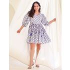 White Blue Hand Block Printed Cotton Dress