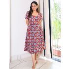 Red Blue Bagru Hand Block Printed Cotton Dress