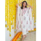 White Hand Block Printed Cotton Kaftan with Pants - Set of 2