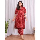 Red Bagru Hand Block Printed Cotton Kurta with Pants- Set of 2
