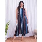 Multicolor Striped Hand Block Printed Cotton Kurta with Pants- Set of 2