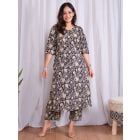 Black Hand Block Printed Cotton Kurta with Pants- Set of 2