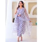 White Blue Hand Block Printed Cotton Suit- Set of 3