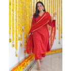 Red Lace Work Cotton Lurex Suit - Set of 3