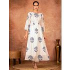 Off White Blue Hand Block Printed Cotton Kurta with Pants - Set of 2